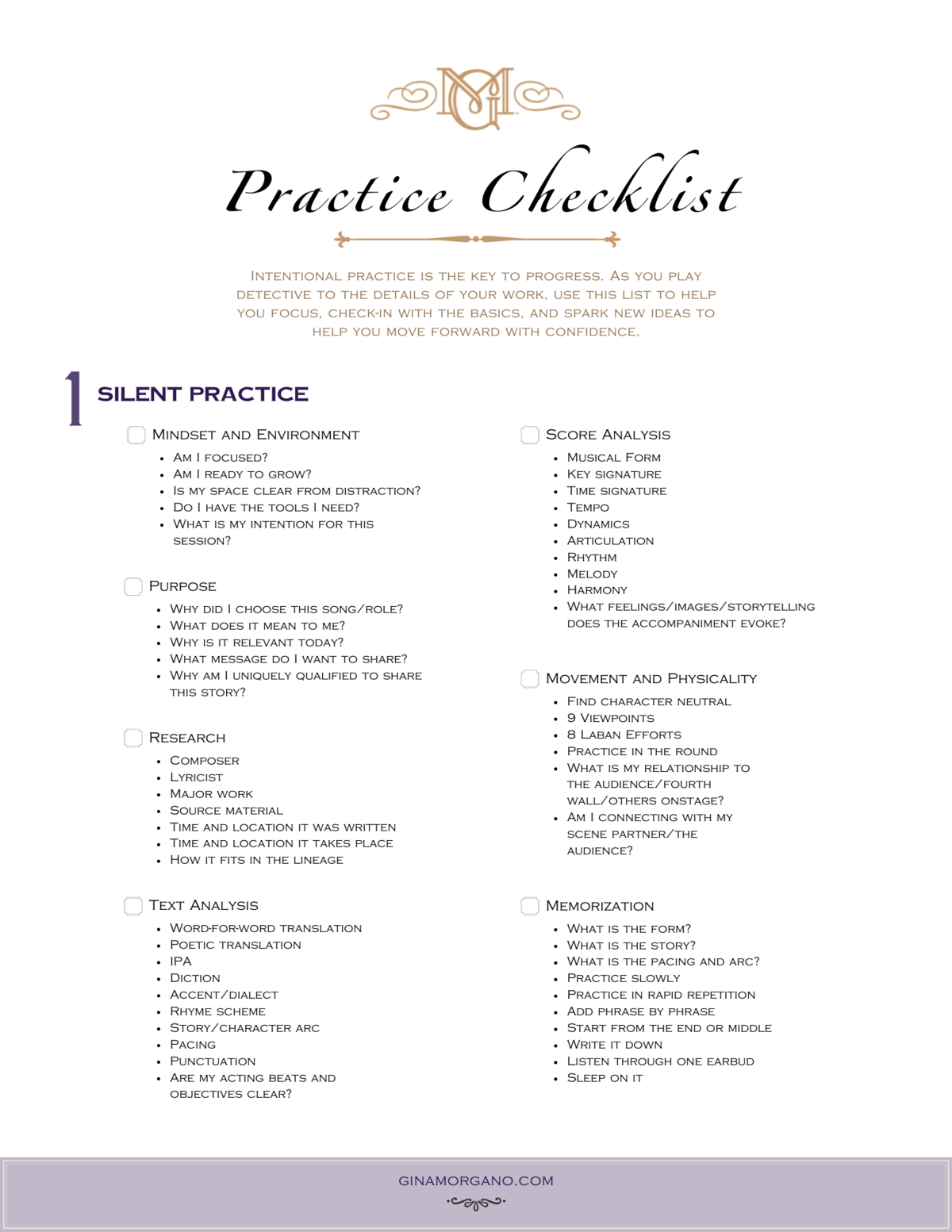 Gina Morgano - Practice Checklist