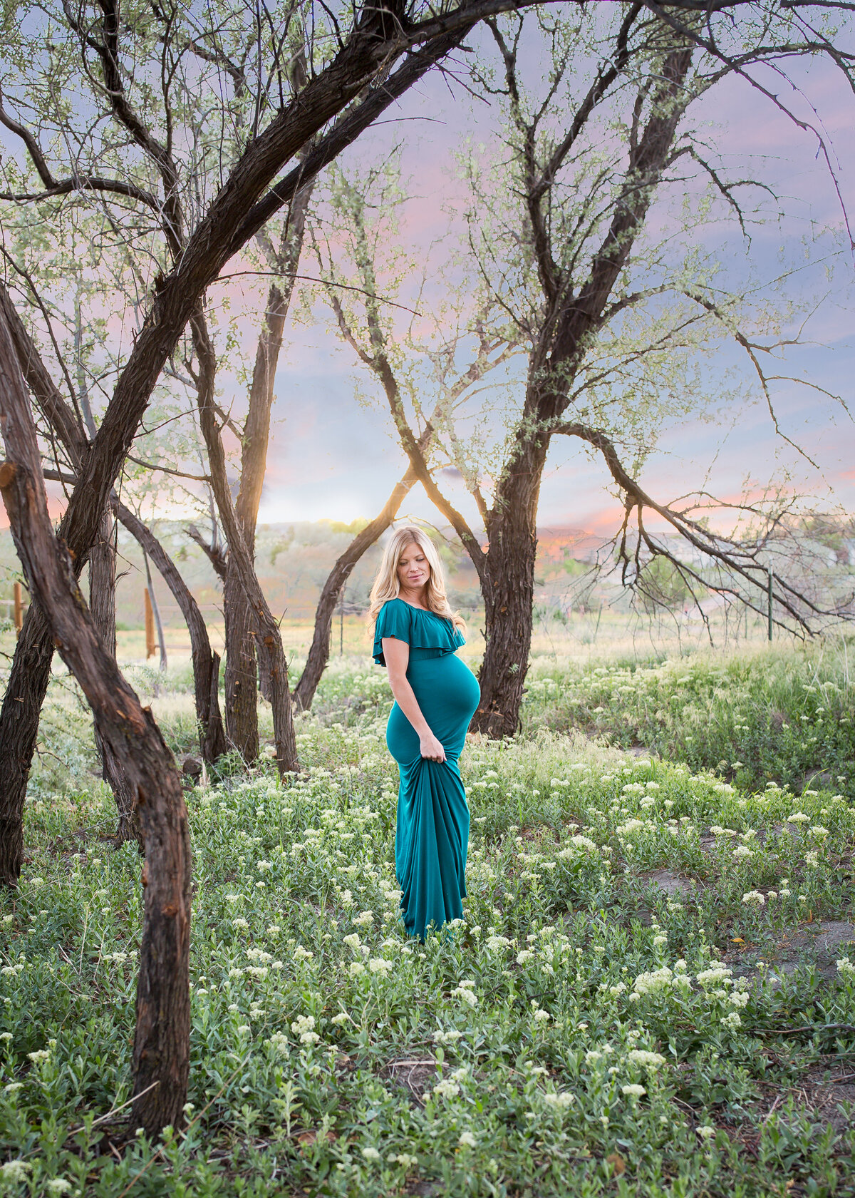Gorgous maternity model in a teal gown, Riverton Utah.
