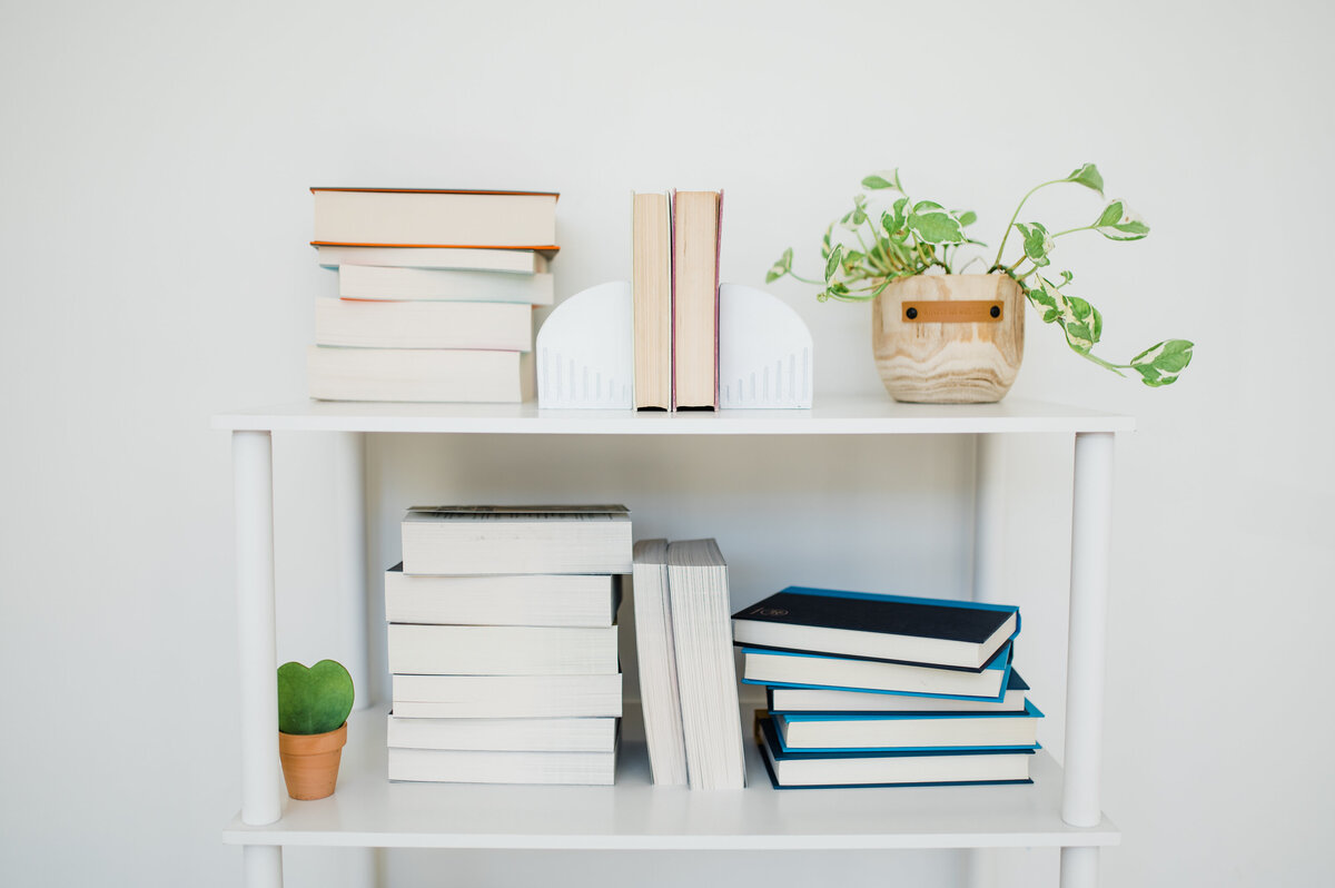 Bookshelf with stacked books and a potted plant