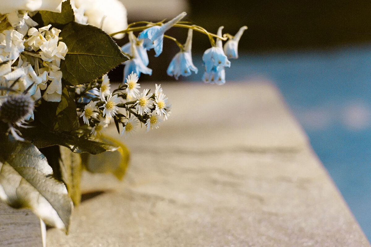 A close-up of a bouquet featuring white and pale blue flowers with green leaves, resting on a light-colored stone surface. Captured by an NJ wedding photographer, the softly blurred background features subtle shades of blue and grey.