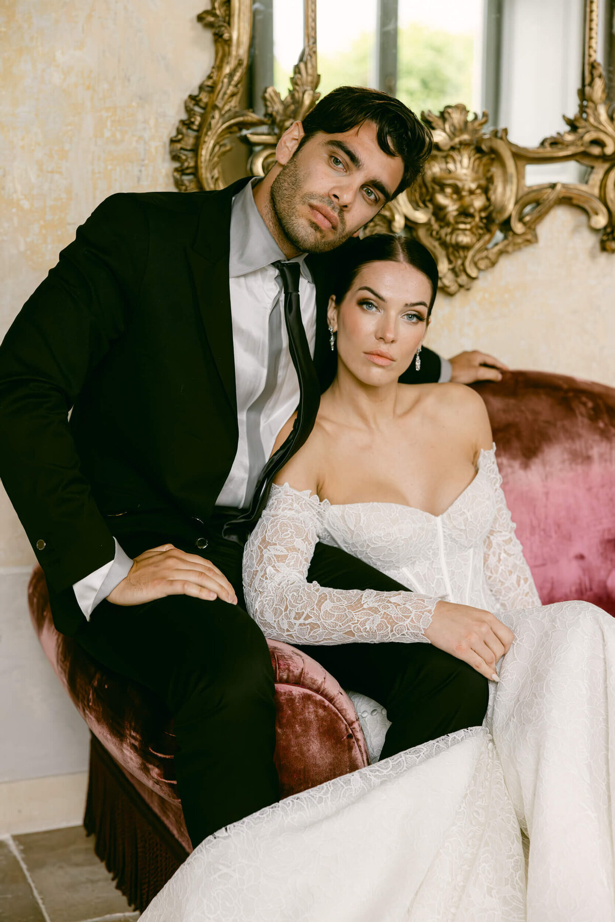 A wedding photo of the couple at Villa Balbiano on Lake Como in Italy