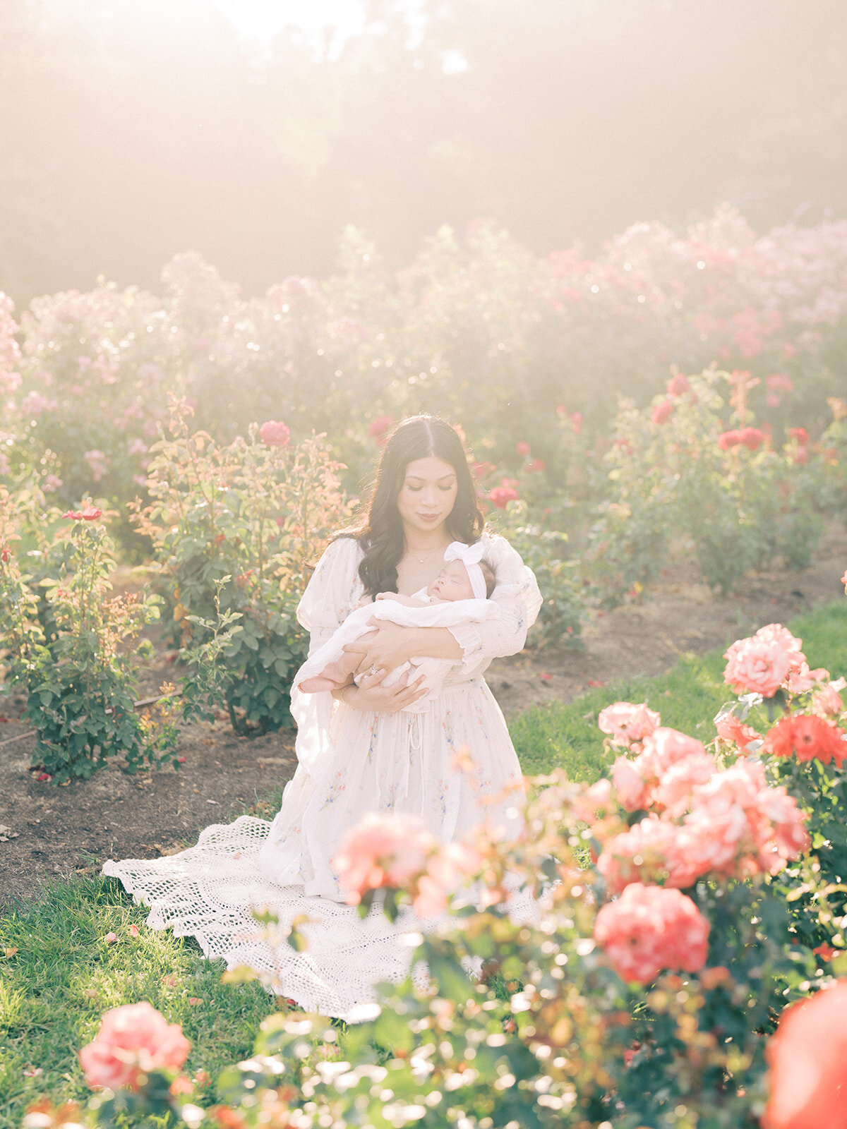 Mother sits on a blanket in a rose garden while holding her baby girl at sunset.