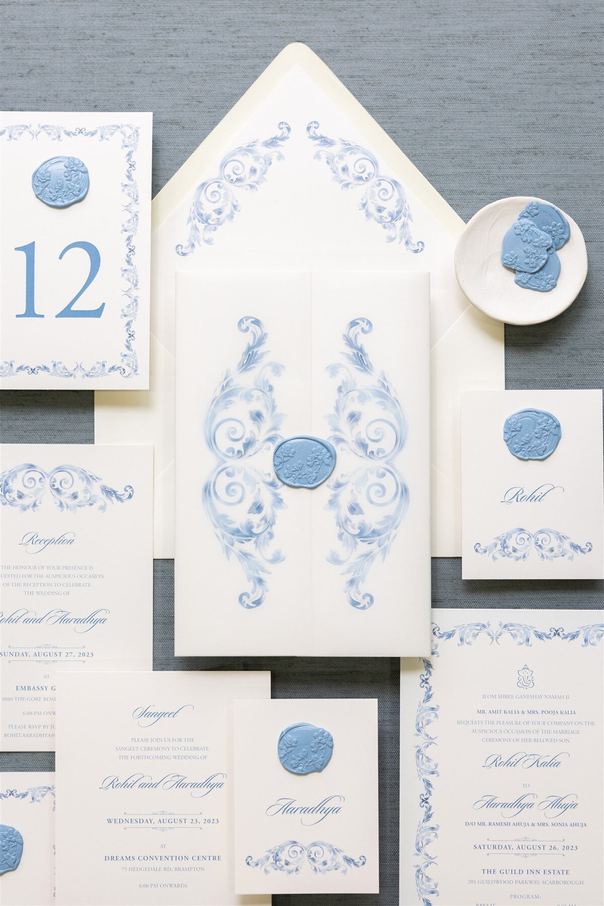 Dusty blue & ivory Hindu wedding invitation 5