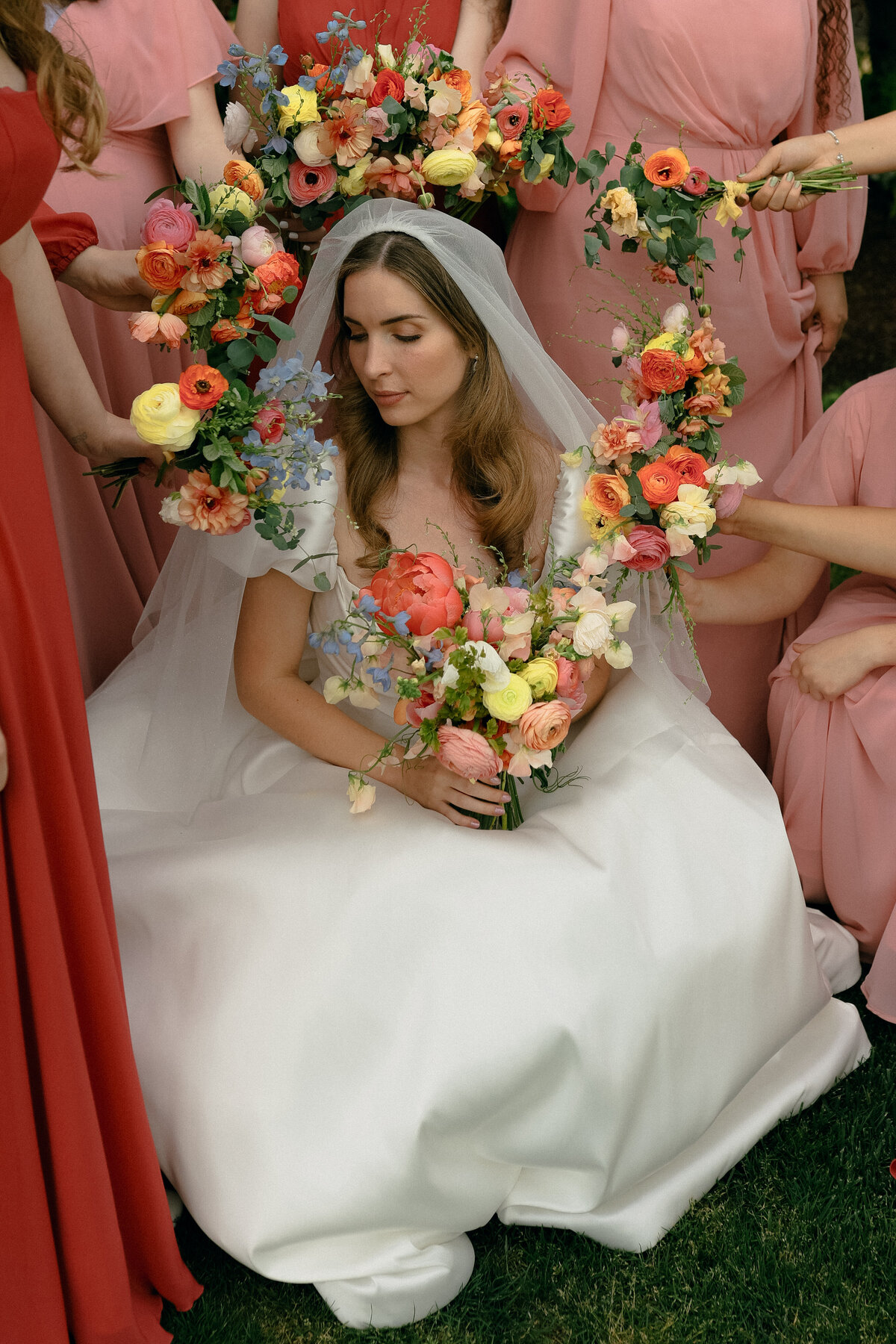 Bride Surrounded by Bridesmaids with Colorful Bouquets | Romantic Editorial Oregon Wedding Photography