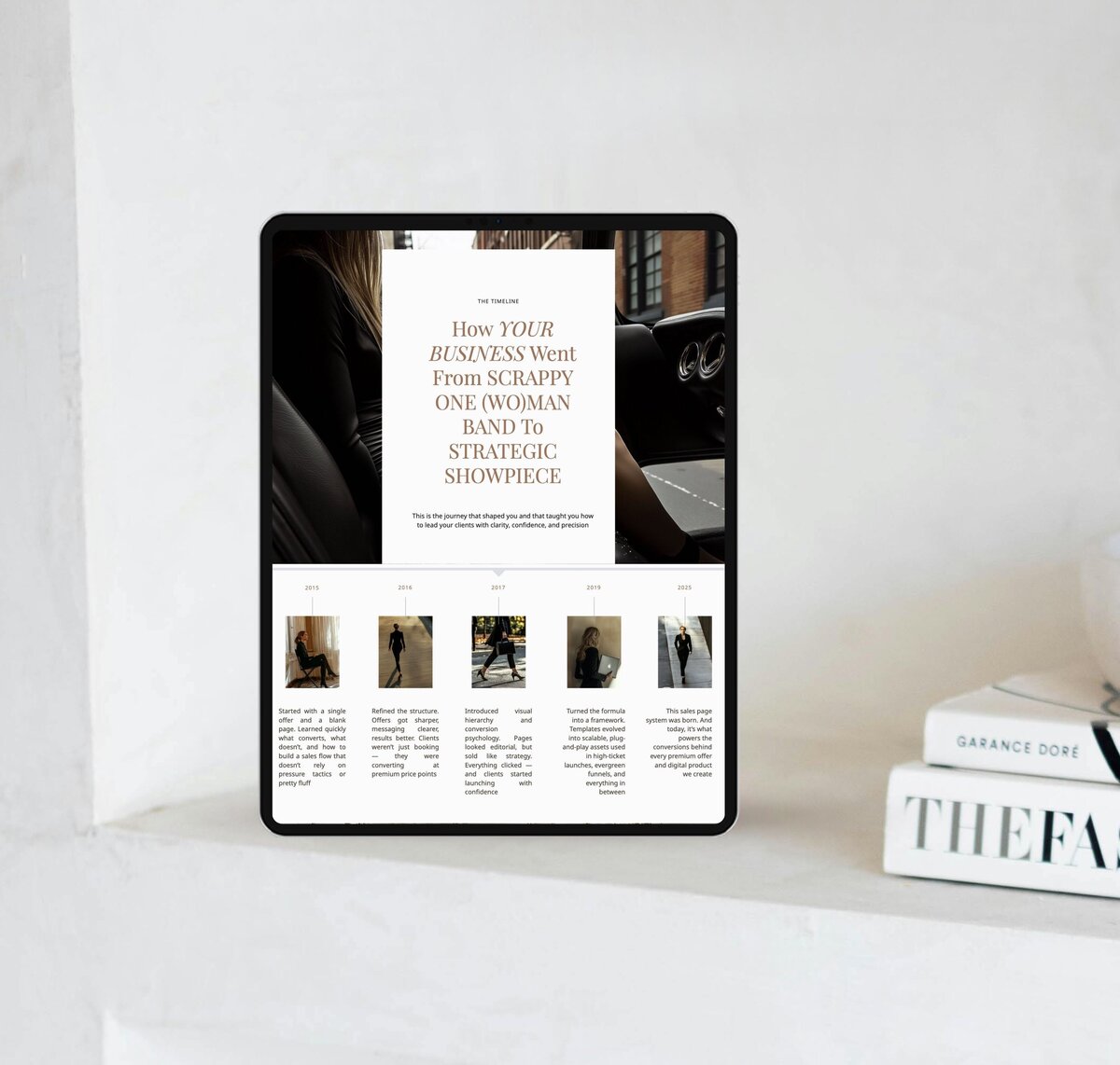 Rue Saint-Honoré premium ShowIt sales page template displayed on iPad with modern neutral background — Parisian‑style editorial landing page.