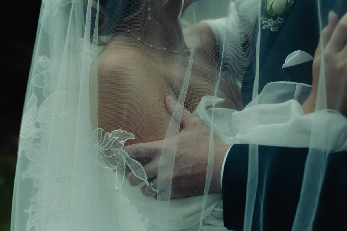 A couple  under the brides veil.