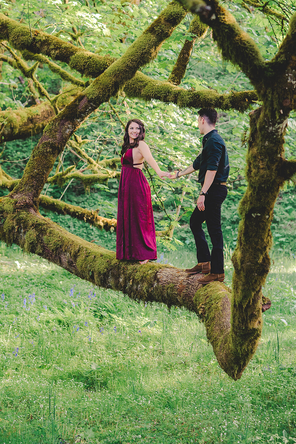 engaged couple on tree