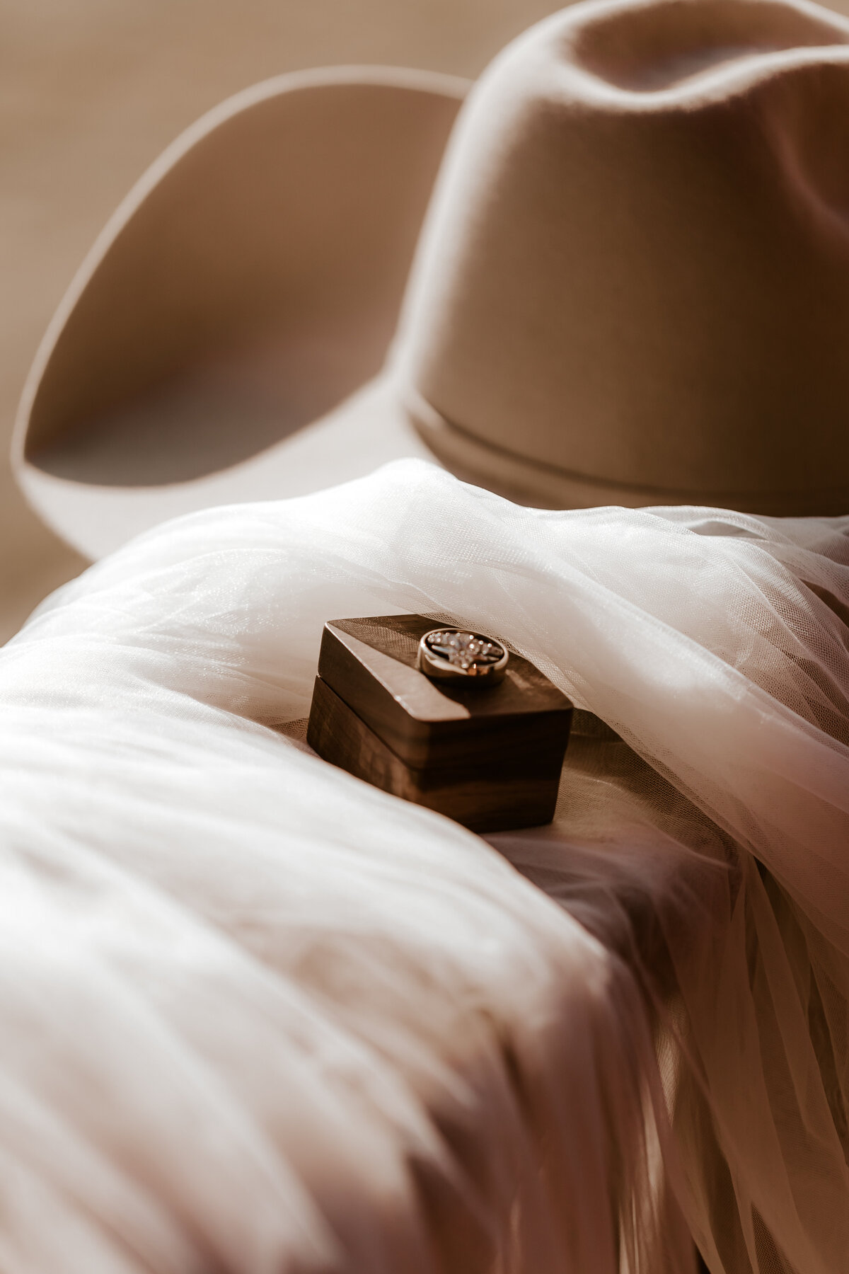 BRIDE VEIL GROOM COWBOY HAT RINGS ON RING BOX IN THE SUNLIGHT