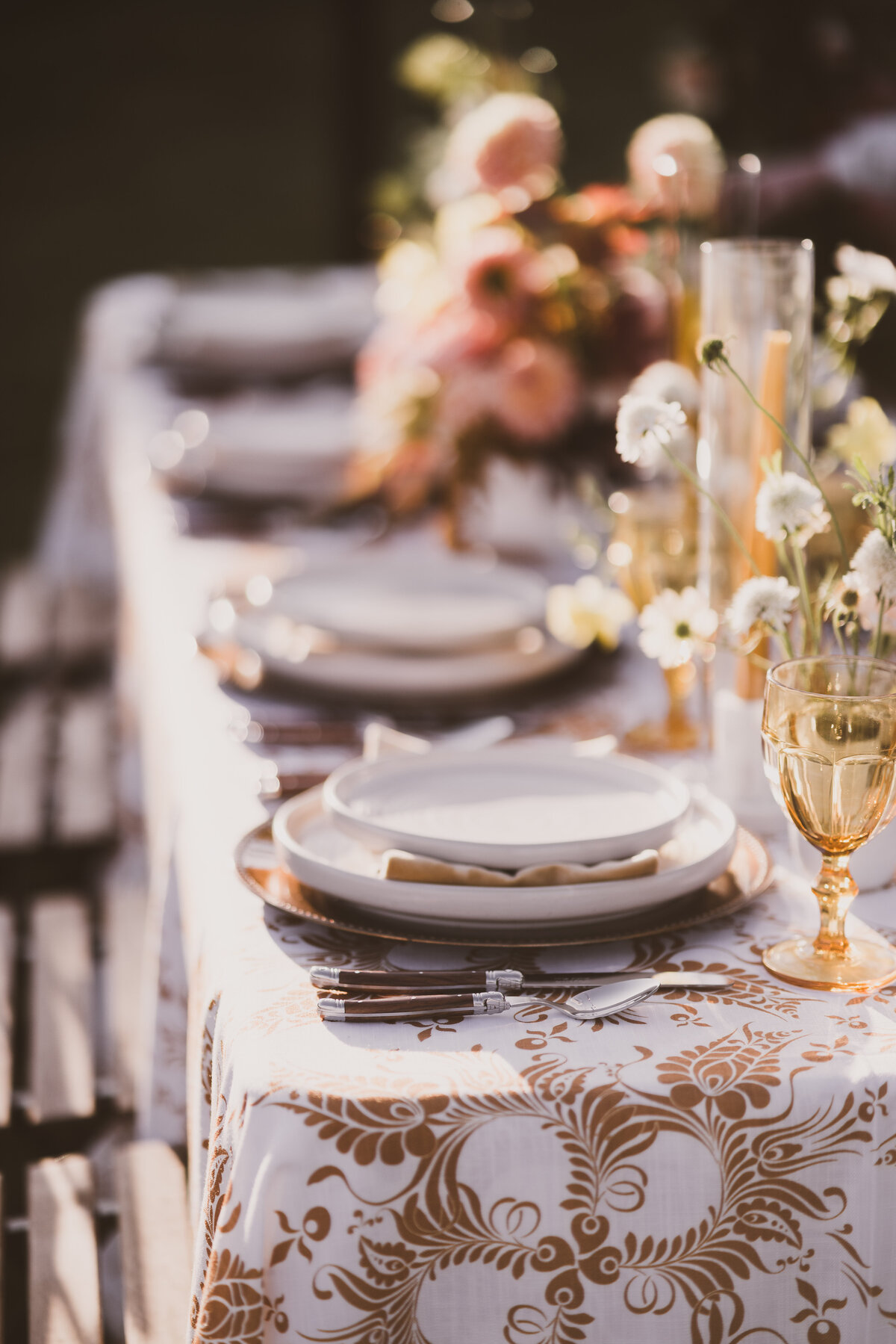 Golden Yellow Patterned Table Linen with Romantic Floral