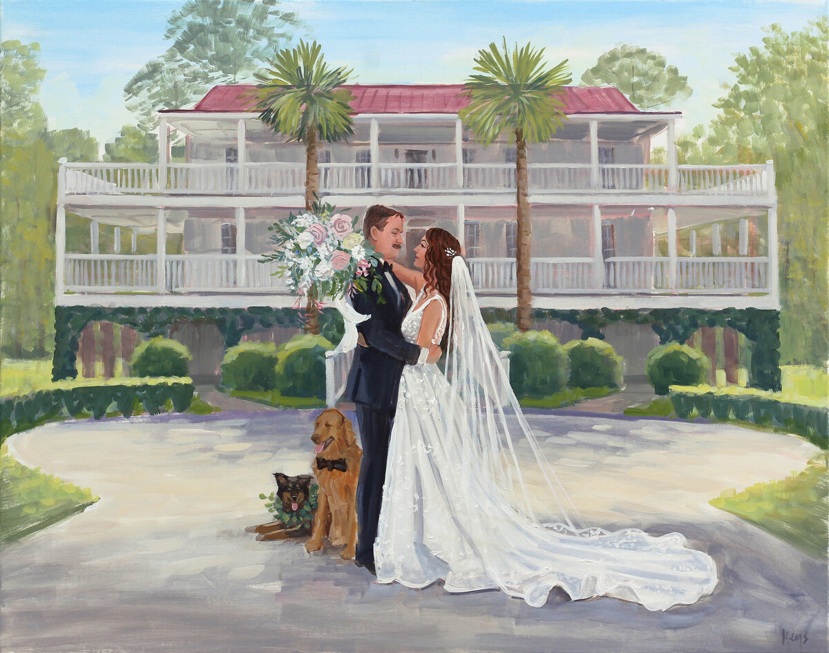 First Look Live Wedding Painting by Charleston Wedding Painter, Ben Keys.  The bride and groom included their two dogs in their painting with Old Wide Awake Plantation house in the background of painting.