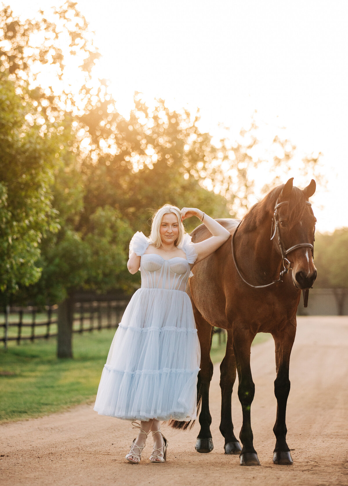 girl in blue dress with her horse