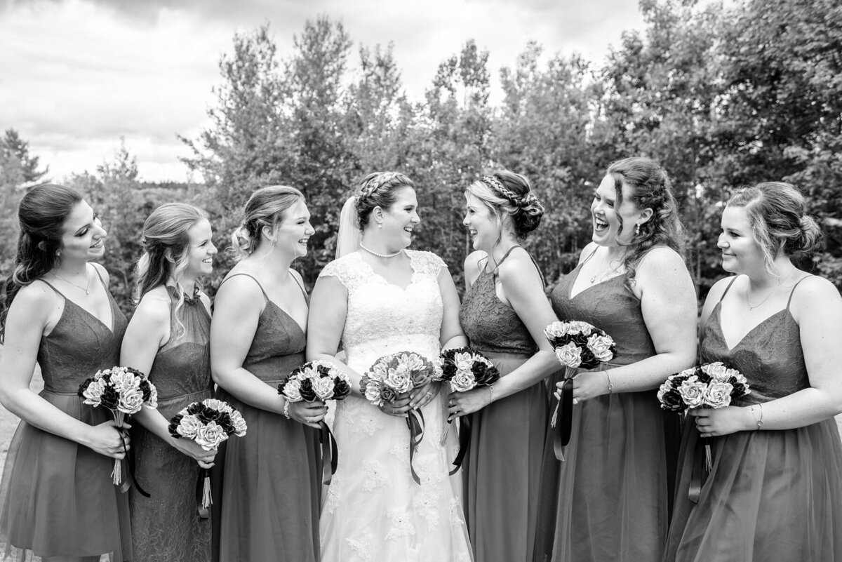 Black and white portrait bride and bridesmaids Southern Maine