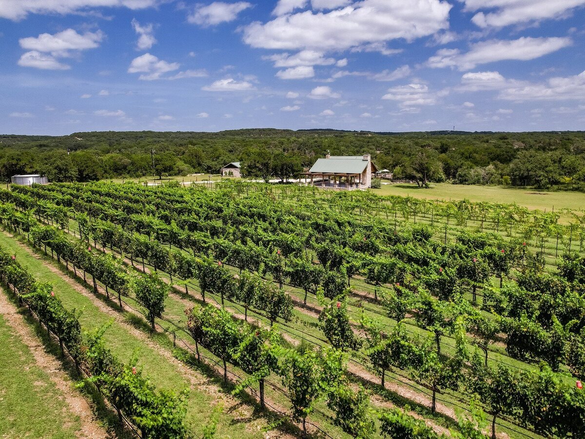 Aerial of the luxury rental in Wimberley with Vineyard