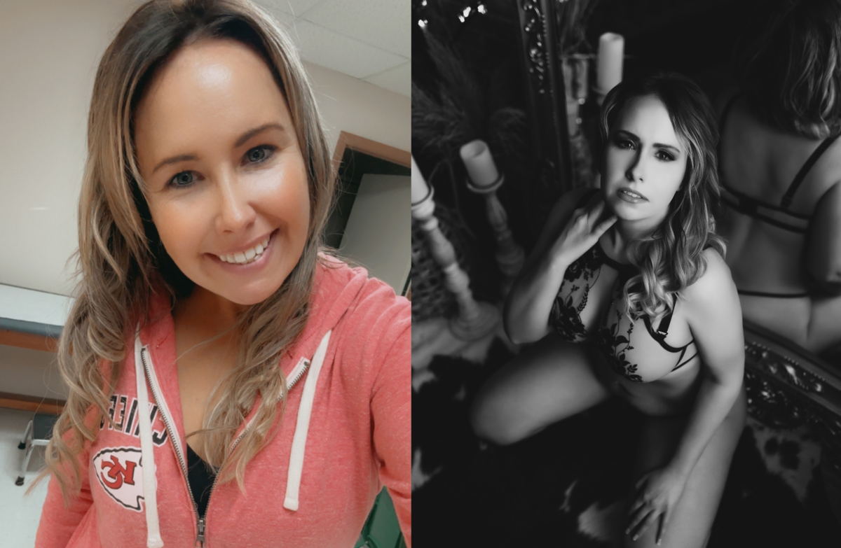 Before and after transformation showing hair and makeup from a BombShell Boudoir session