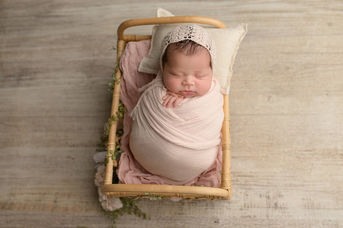 Newborn baby girl posed in a basket