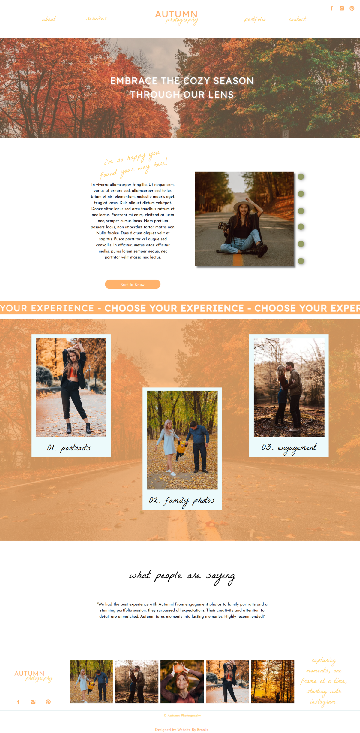 Home Page of a custom website for Autumn Photography. Warm, friendly design and SEO friendly layout