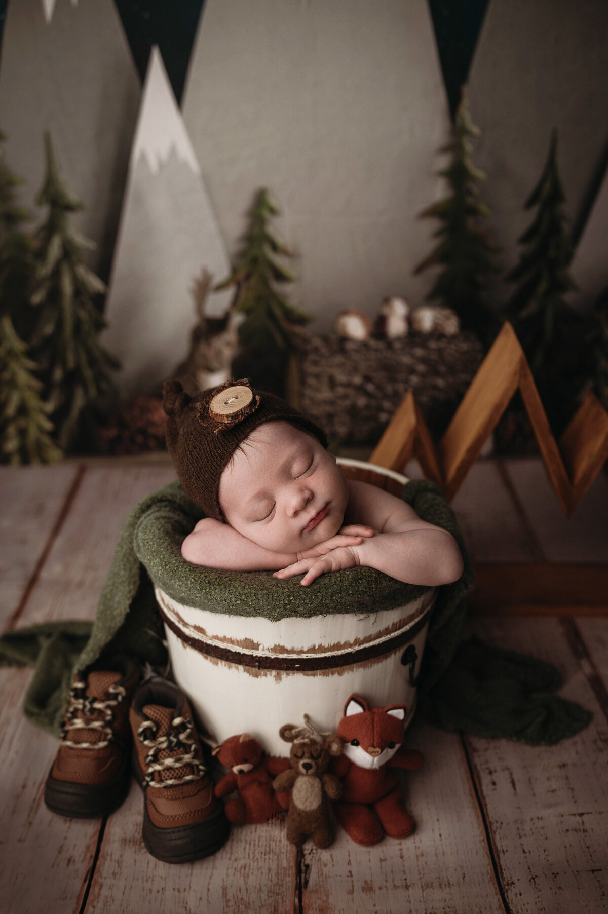 Newborn photography session in CT captures newborn baby boy sleeping posed inside a bucket  in front of a mountain and hiking theme setup
