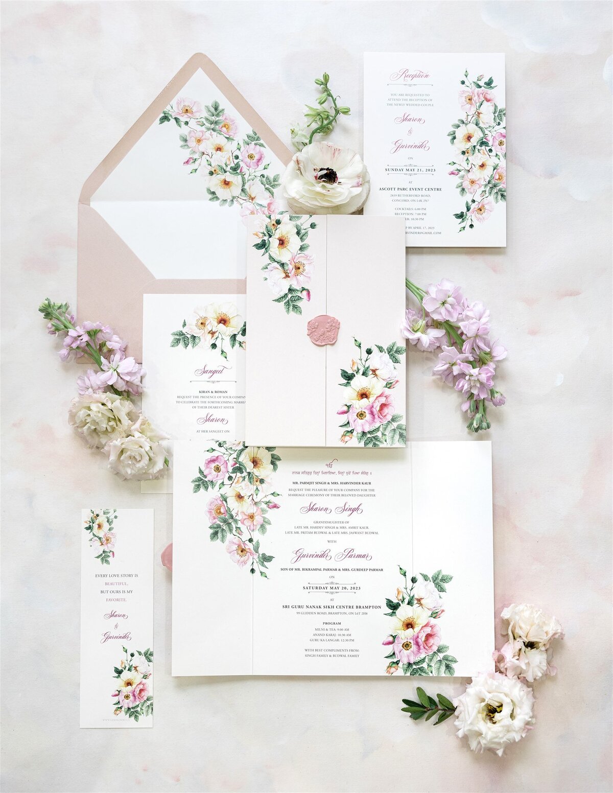Blush gate-fold wedding invitation 5