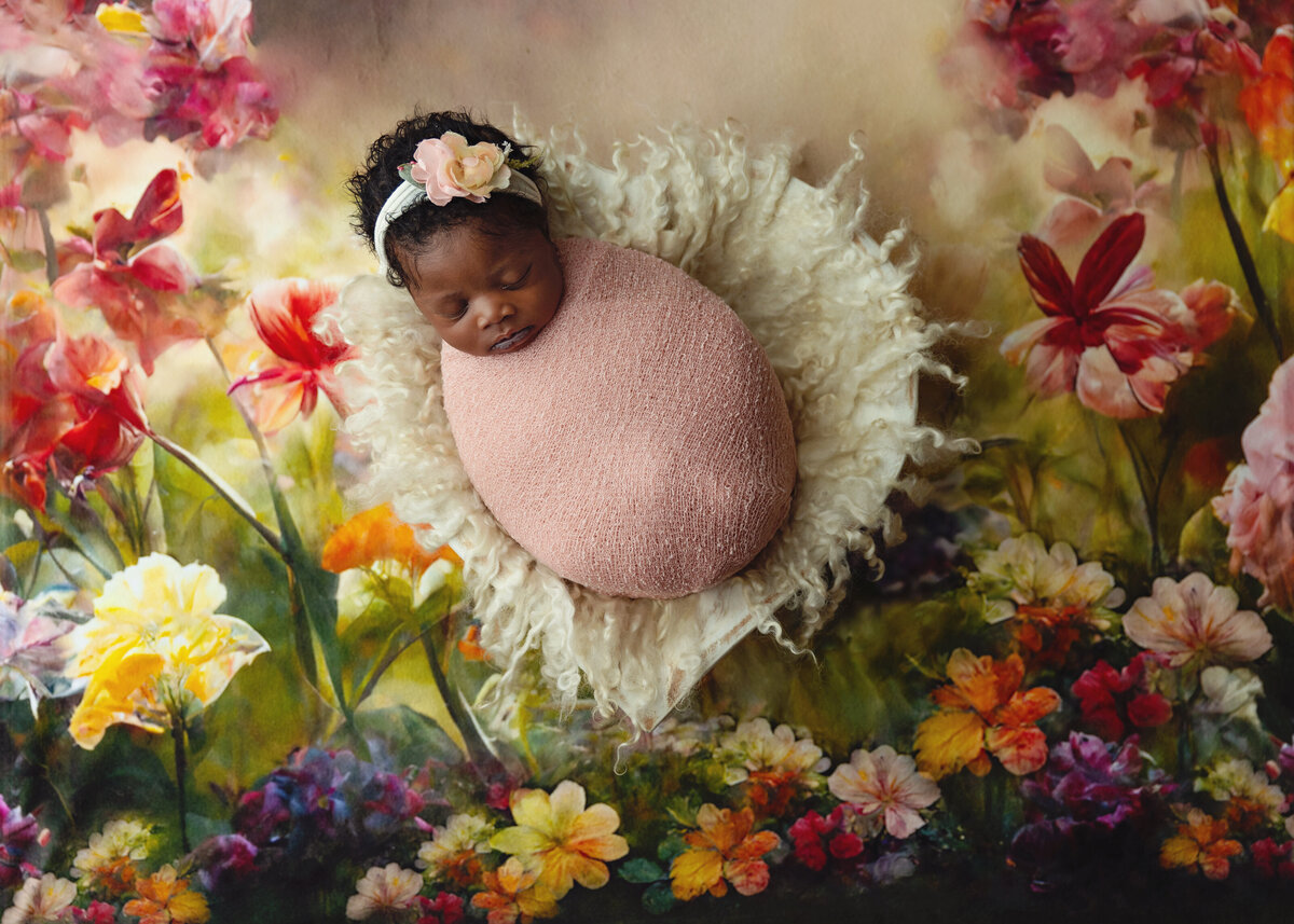 A newborn baby in a pink round swaddle sleeps on a backdrop of flowers