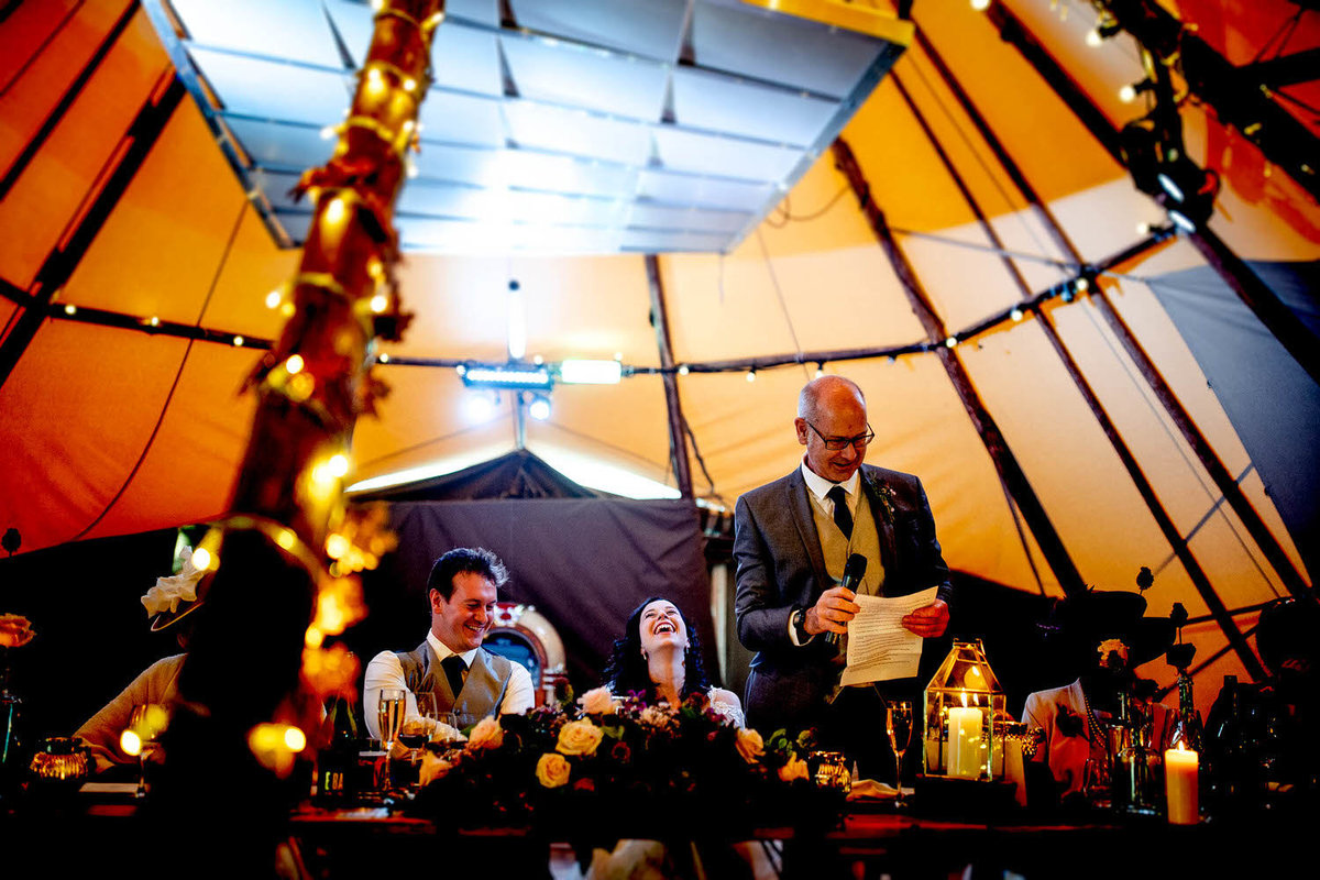 speeches during a tipi wedding on the shore of winderemere