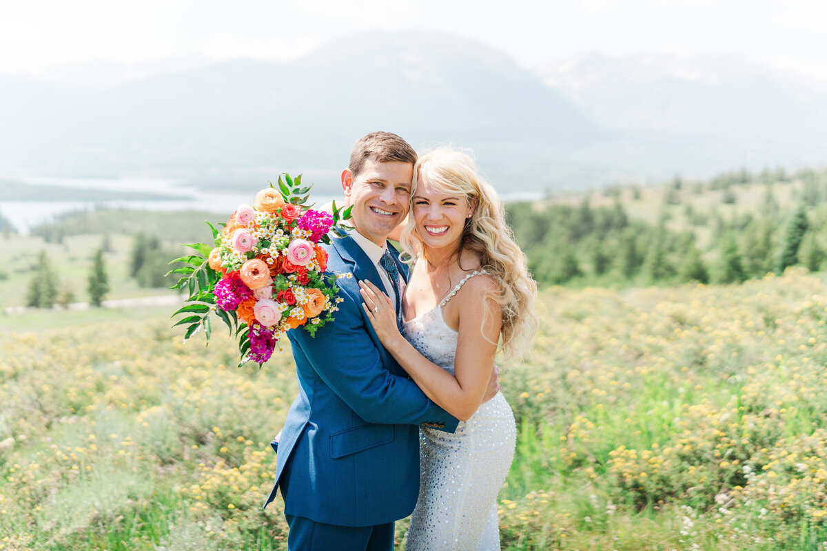 Lake Dillion Reservoir Colorado Elopement Wedding Mountain View Summer Pink and Orange Florals Sparkly Dress Light and Airy Elena Spraguer Photography0051