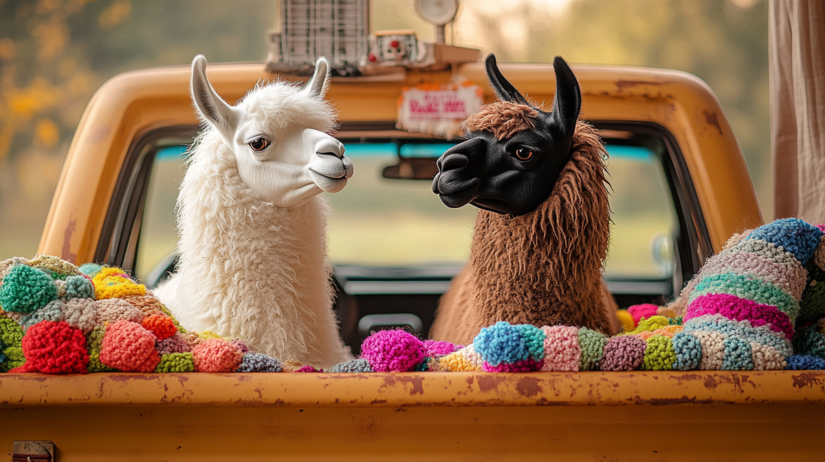 two llamas riding in a rustic pick-up truck