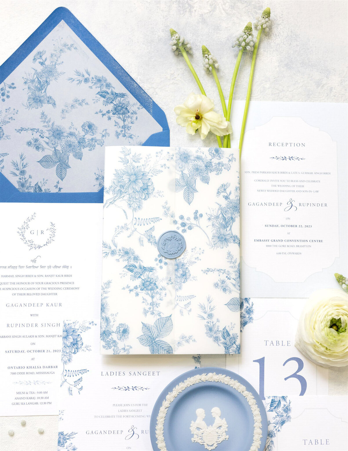 Blue florals Sikh wedding invitation 2