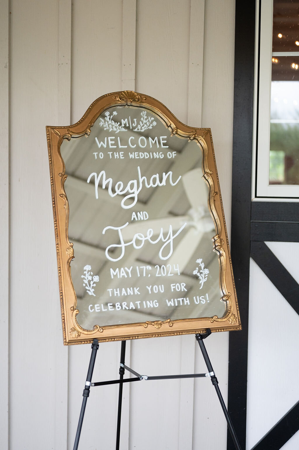 Wedding welcome sign with golden frame