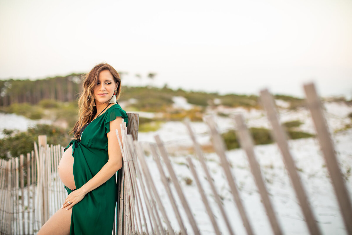 pregnant woman in green dress leaning on fence at grayton state park.