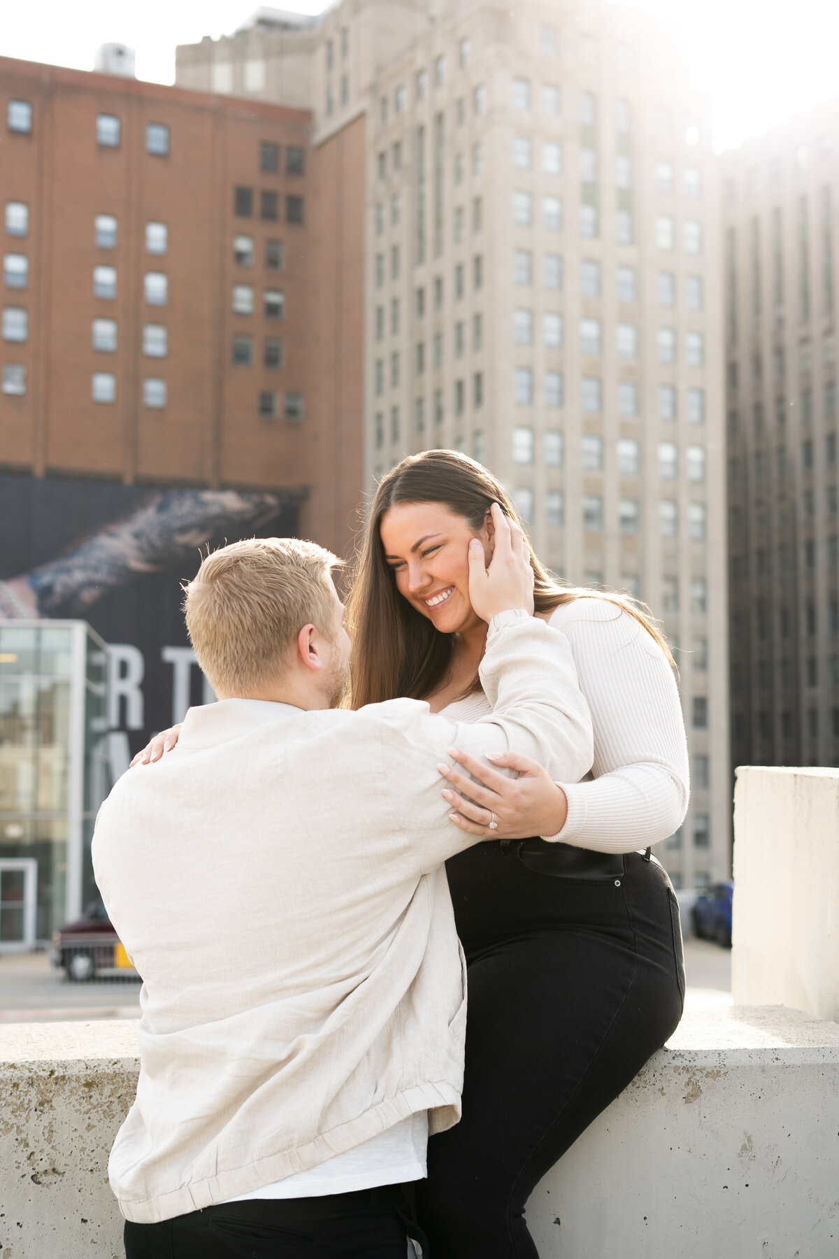 rooftop engagement session during golden hour in Cleveland