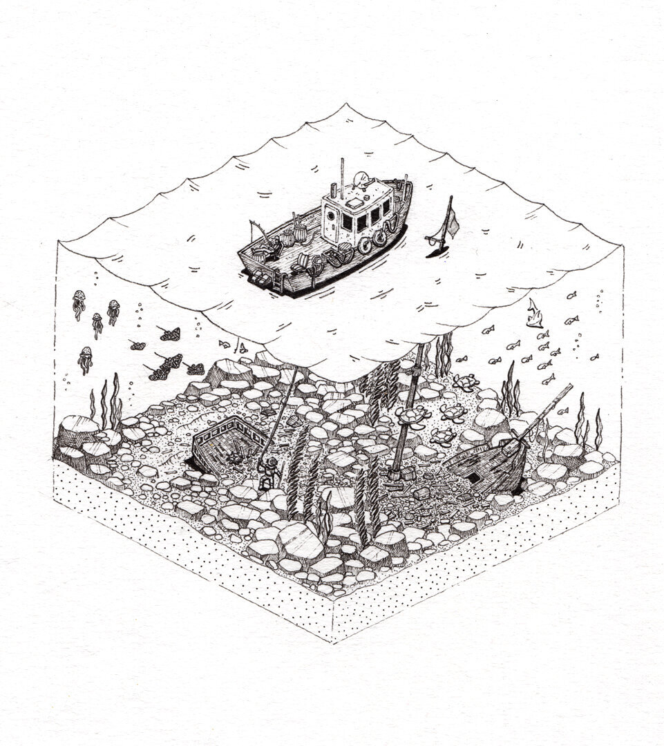 Overview of the Divepen and ink illustration