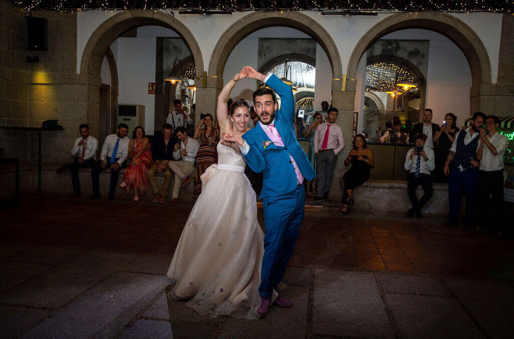 Bride and groom dancing at wedding reception at Grupo De Monico Madrid