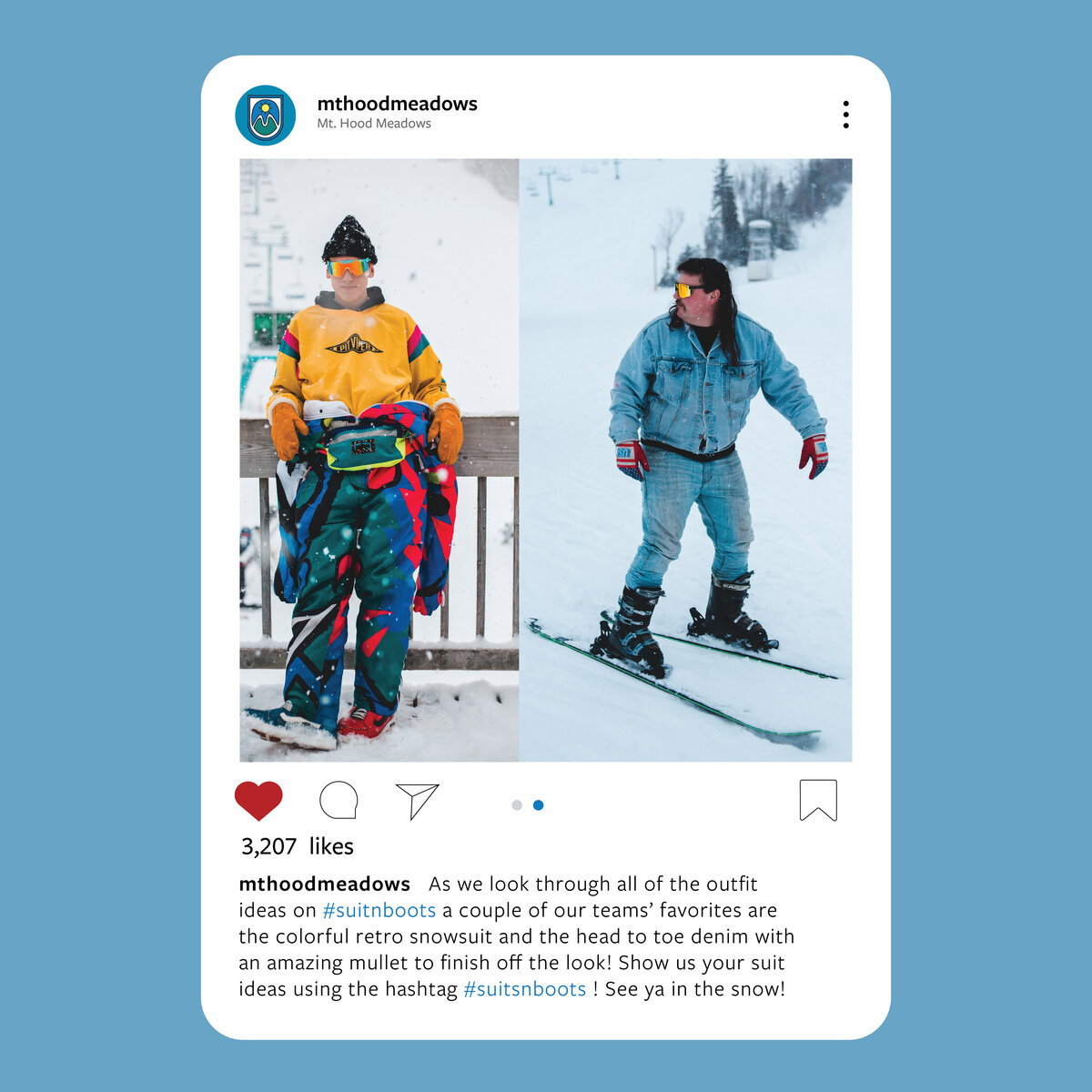 Mockup instagram post that shows outfit ideas for the suits 'n boots event. Left: man in bright vintage ski suit Right: Mad with long mullet skiing in head to toe denim