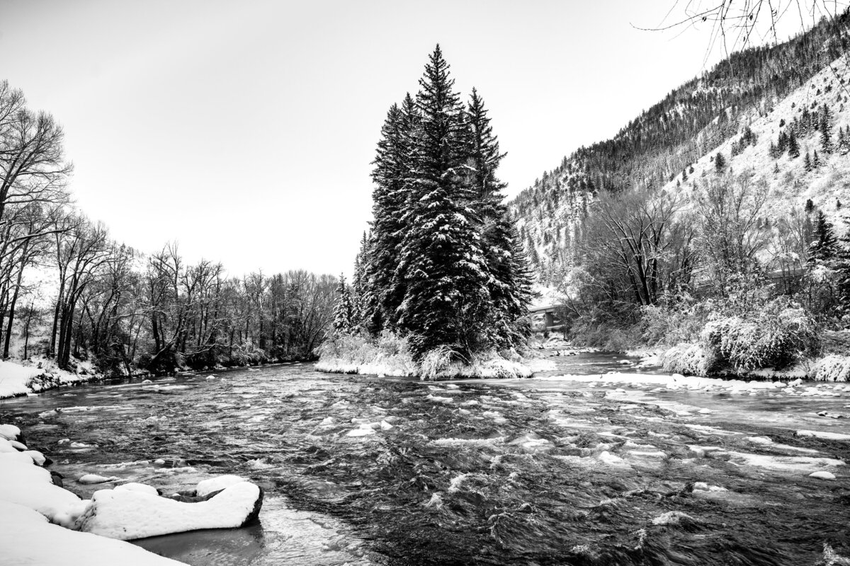 BW river island snow