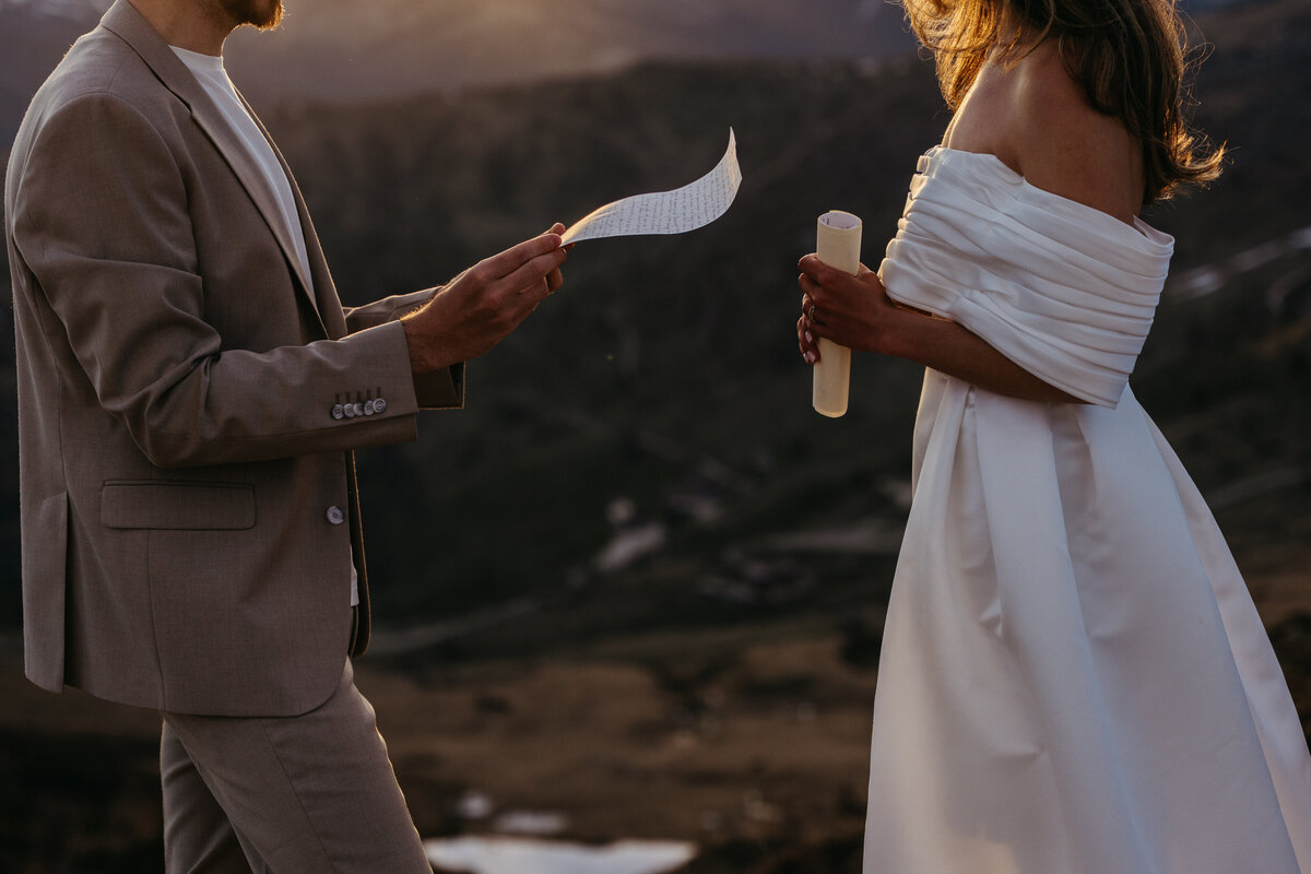 happy couple together in mountain elopement in Dolomites
