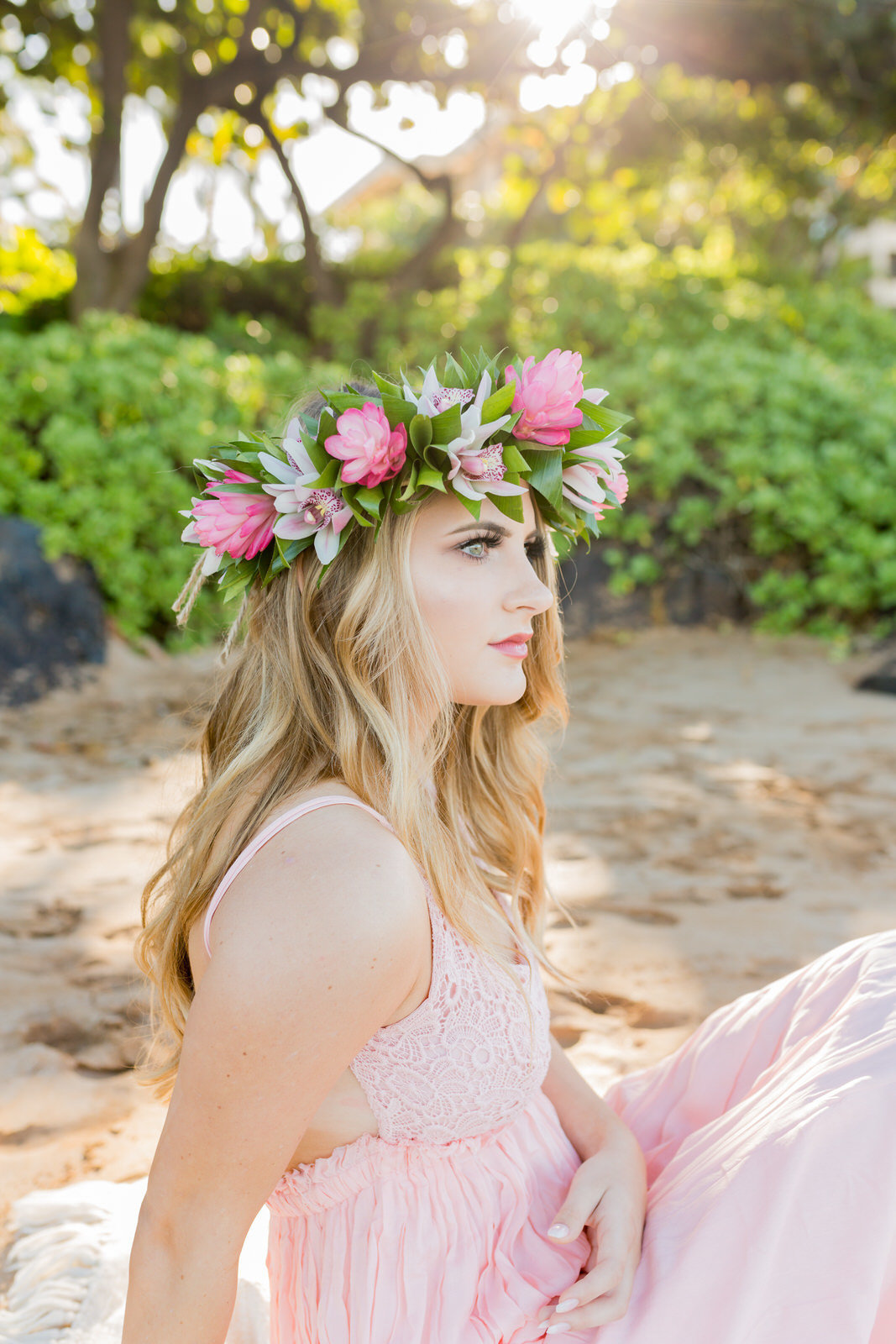 Maui senior portraits of girl with floral crown