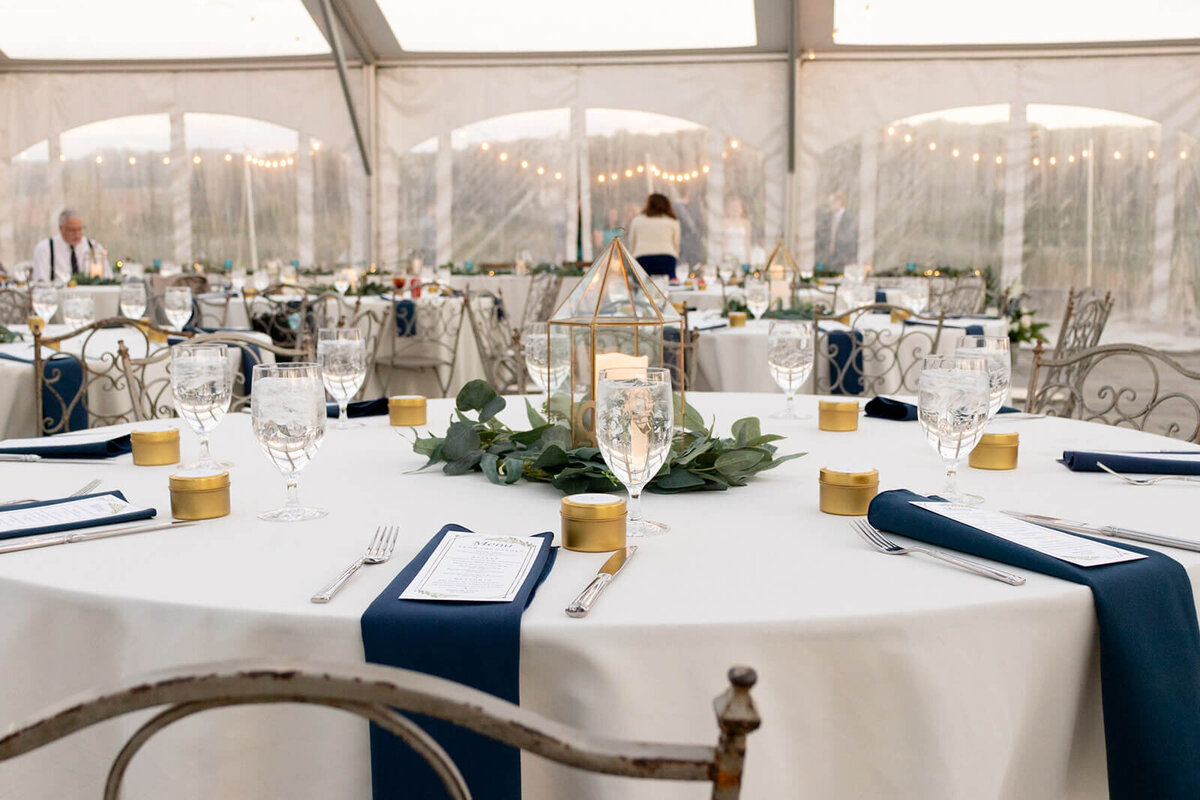 blue and gold wedding table settings