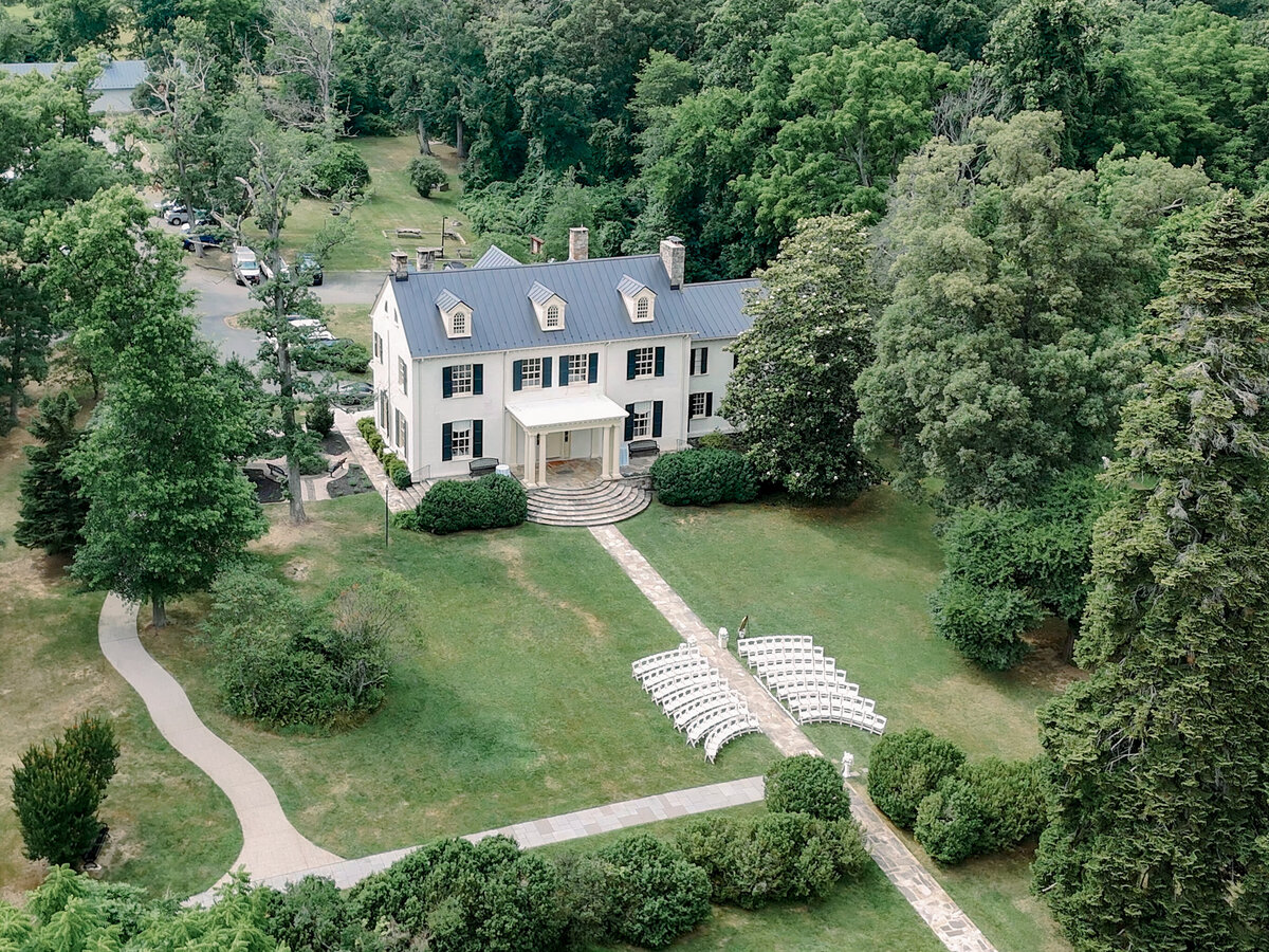 A drone image of Rust Manor House by Caitlin Wilcox Photography