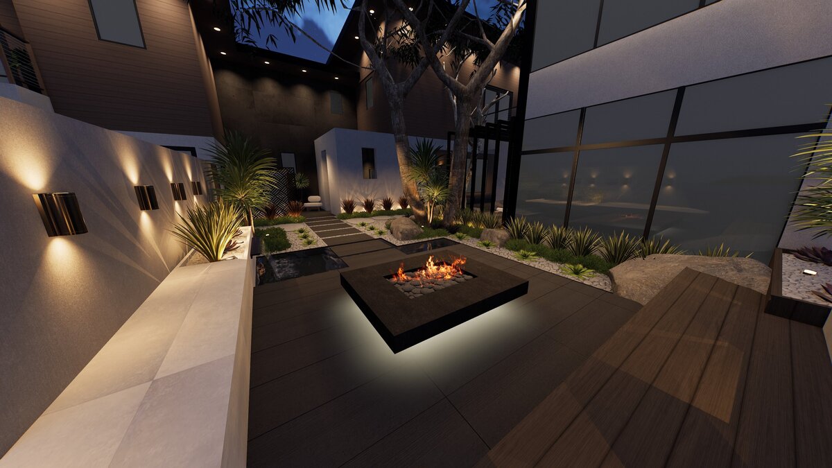 Contemporary backyard design with luxury entertainment areas and a firepit lounge area focal point.