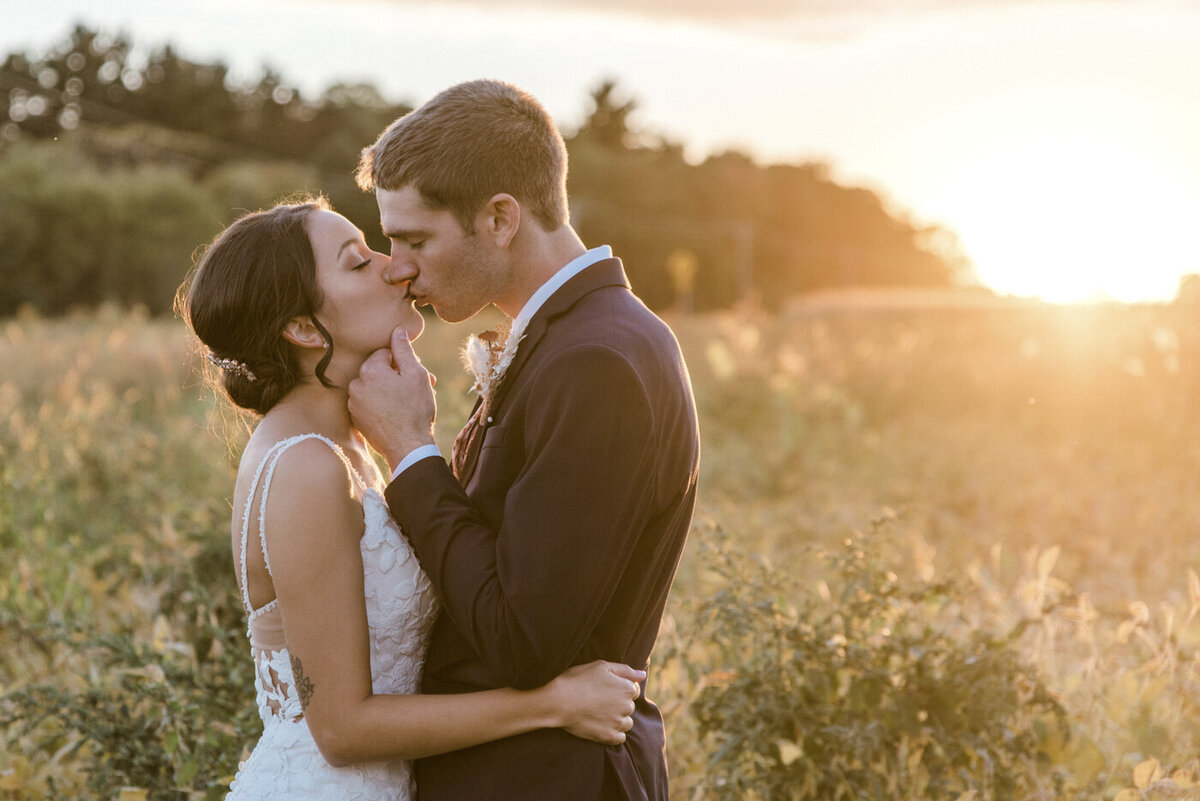 sunlit wedding portrait of bride and groom kissing in a field