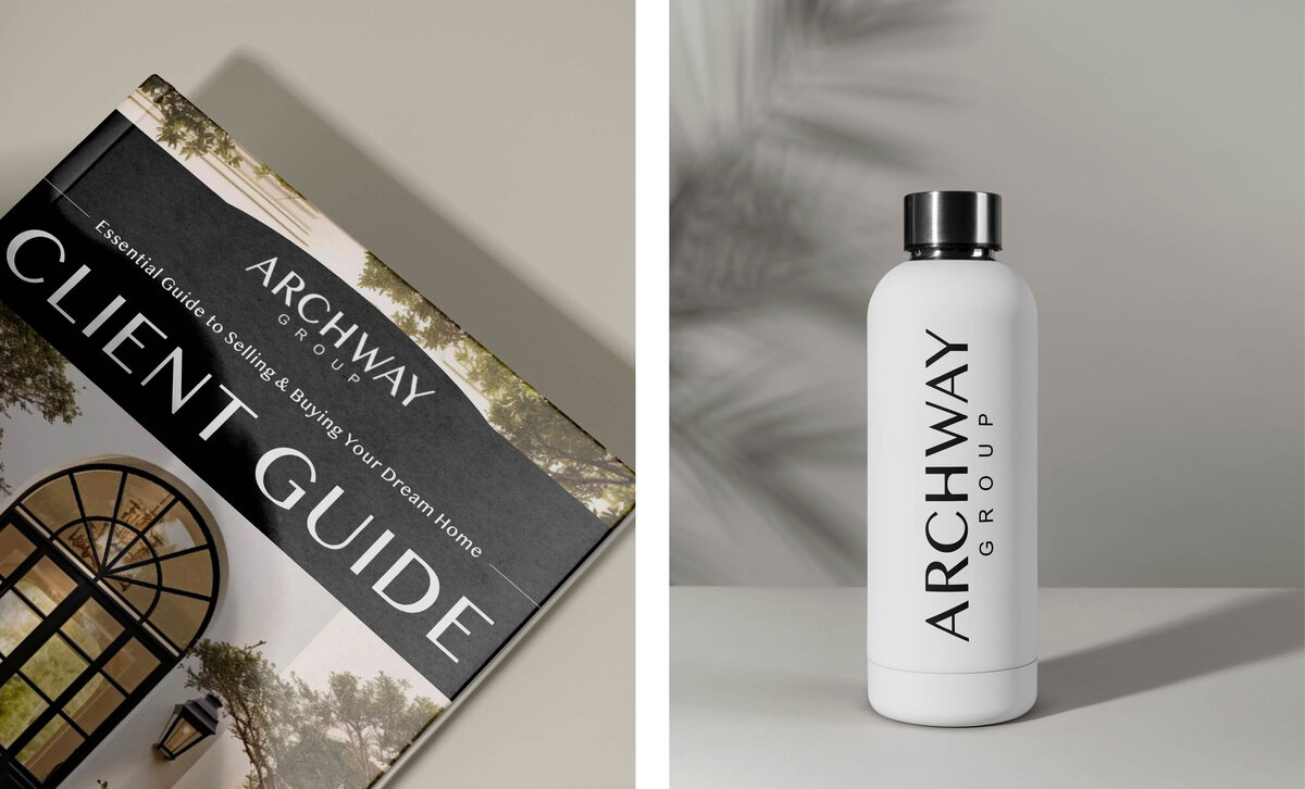 Archway Group-branded client guide and white water bottle with minimalist logo design.