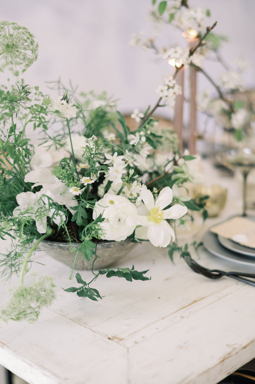 Minimal White and Green Centerpieces