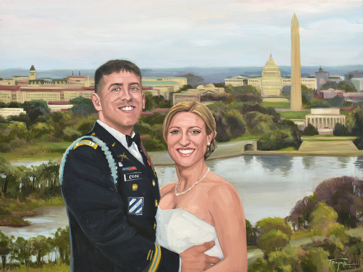 bride and groom pose in front of Washington monument, Wedding Portrait Paintings From Photos