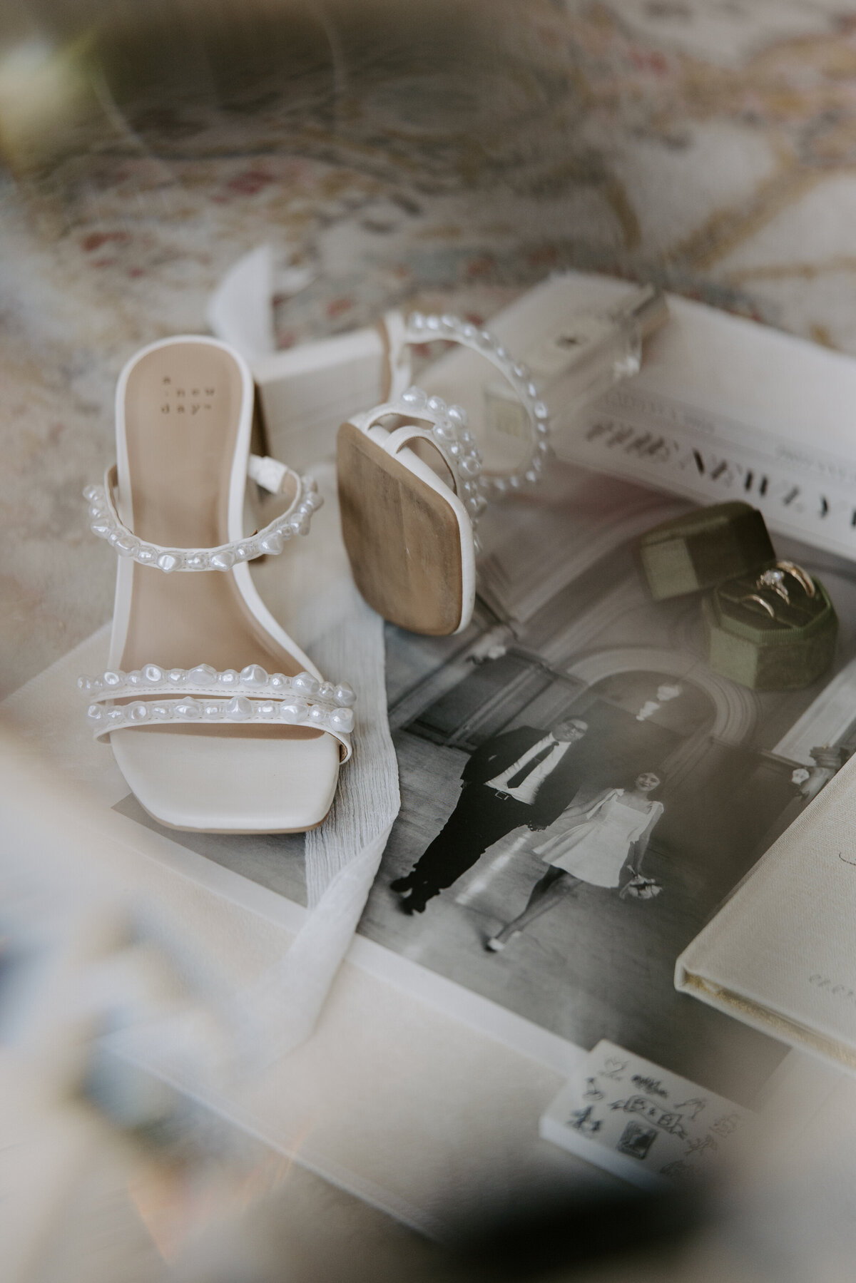 Close up of details on a wedding day, including shoes and the ring box.