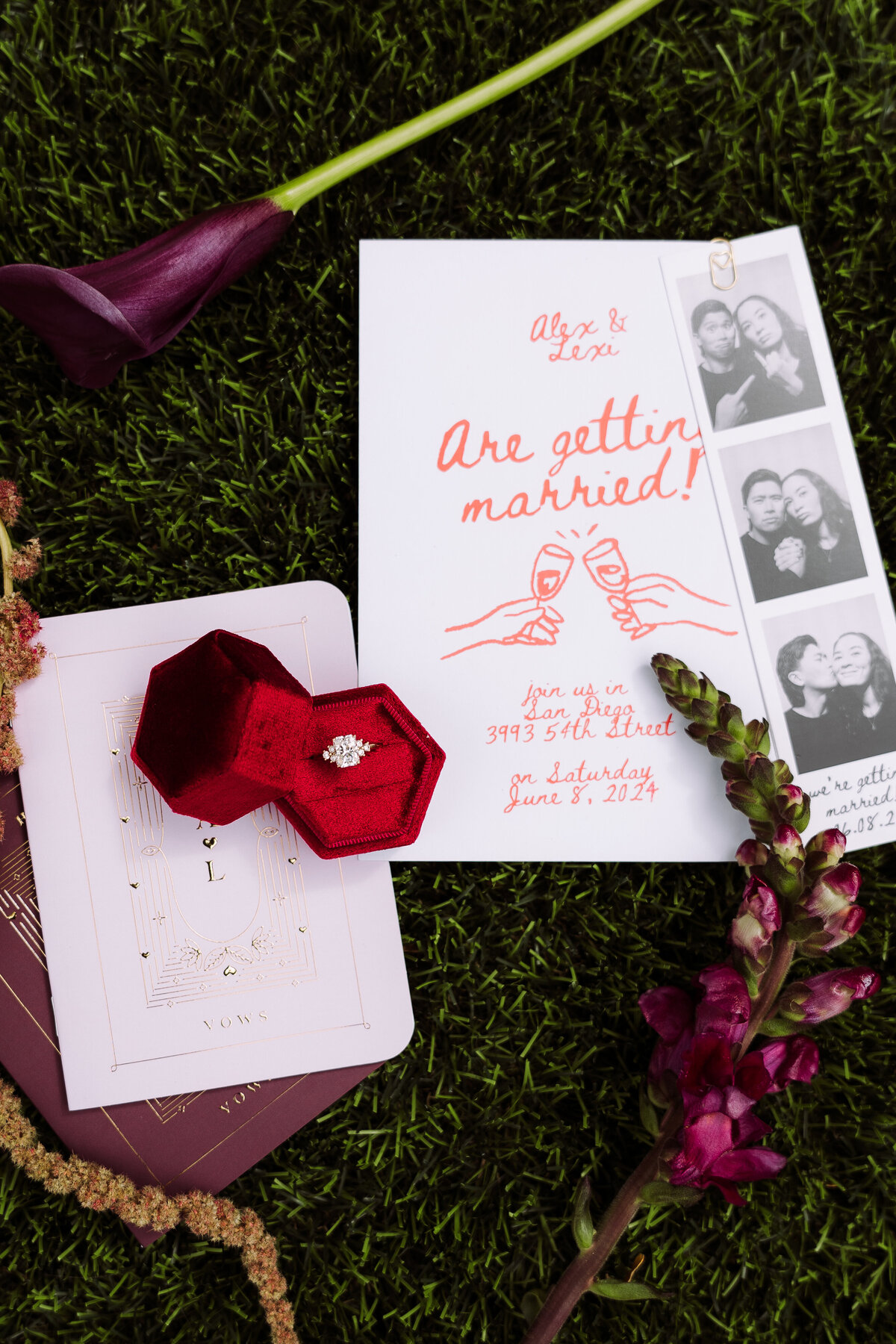 close up of wedding decor, ring, save the date