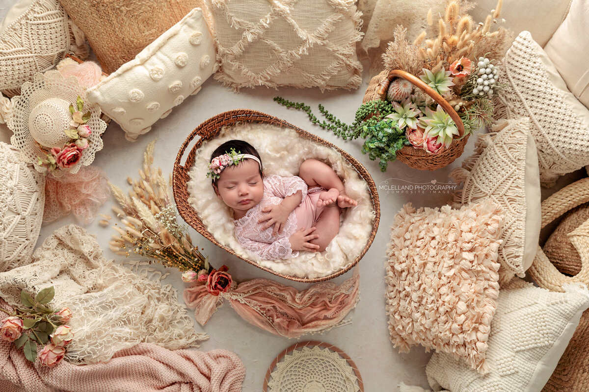 Newborn girl in a boho basket setup surrounded by neutral pillows, florals, and textured fabrics.