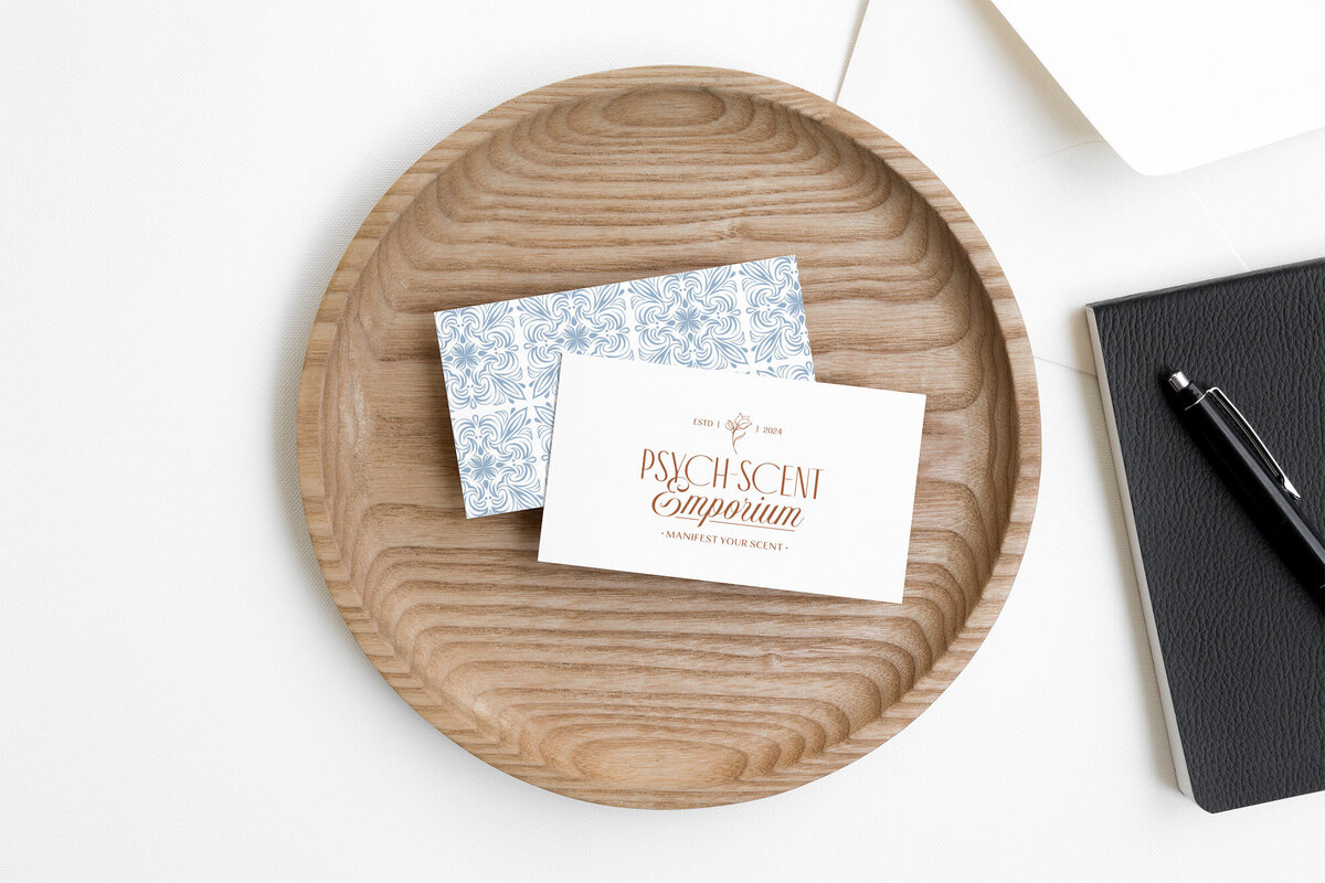 Business cards laying on wood tray