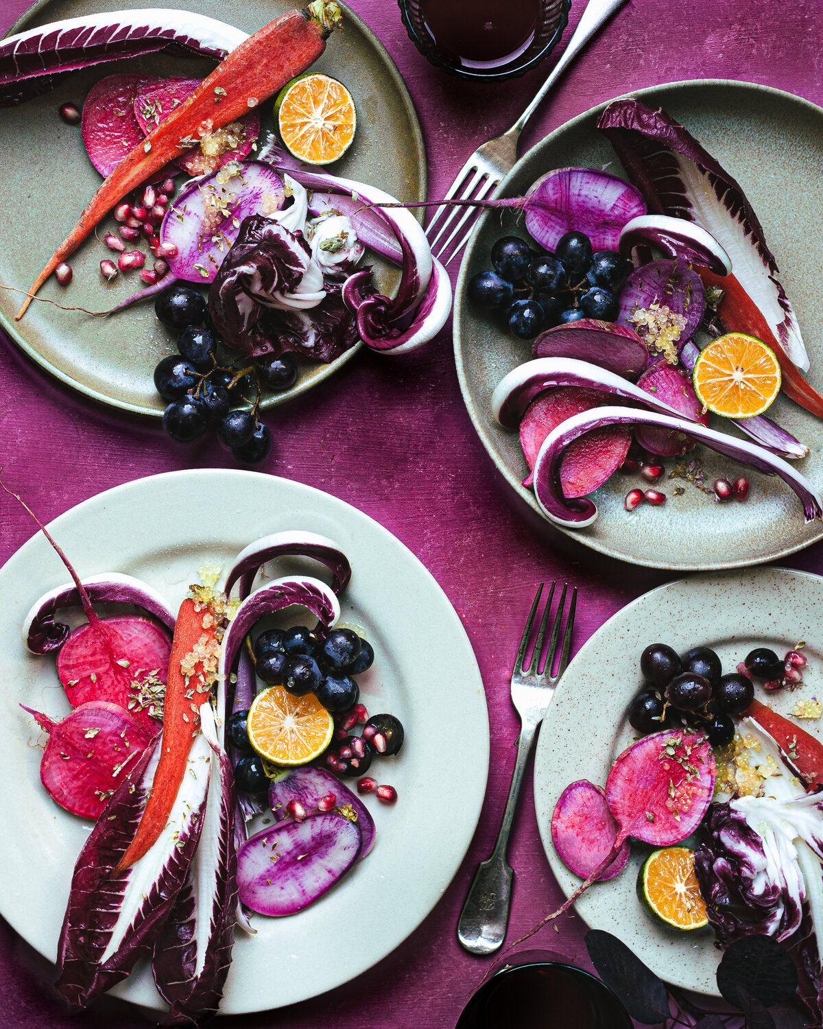 purple salad bitter leaves radish sweetlime flatlay food photography