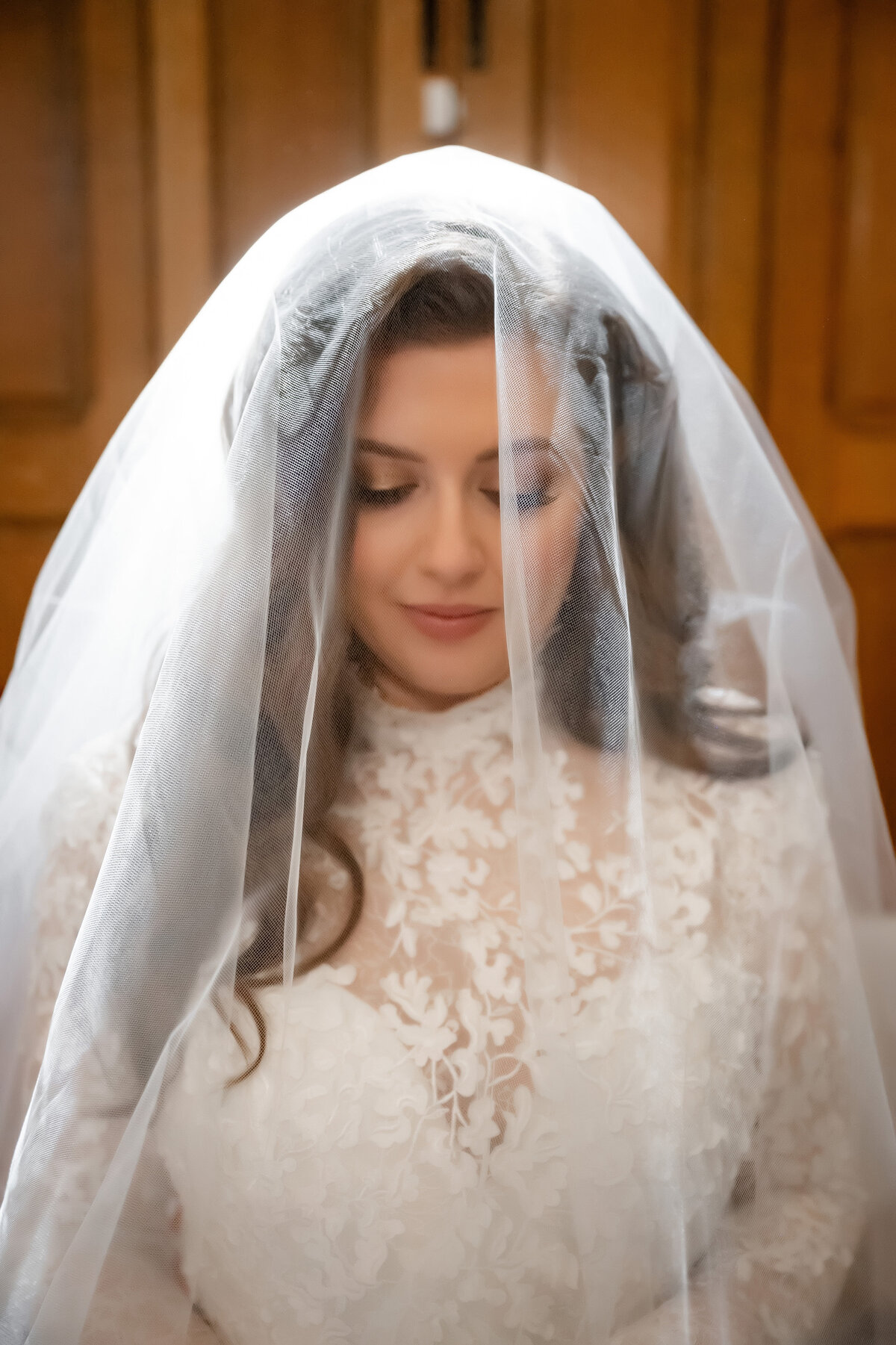 bride under veil in romantic creative portrait st paul cathedral pittsburgh