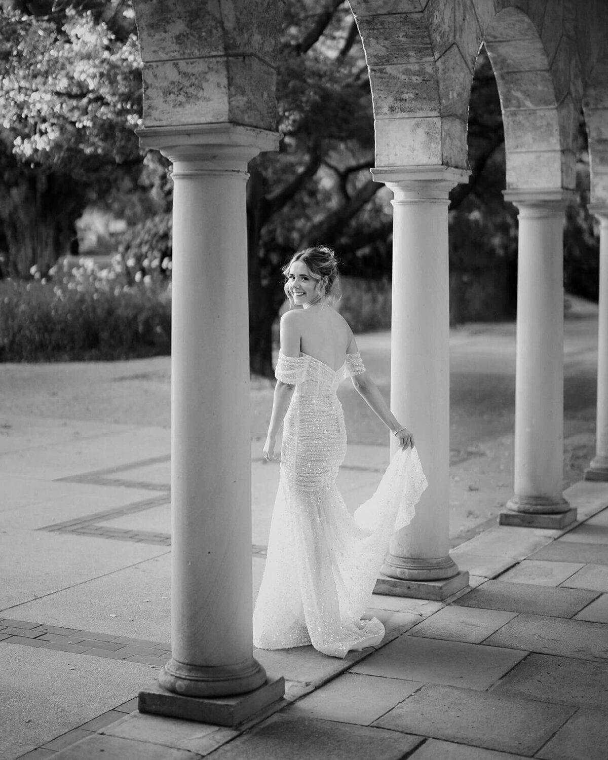 Bride looking back over her shoulder